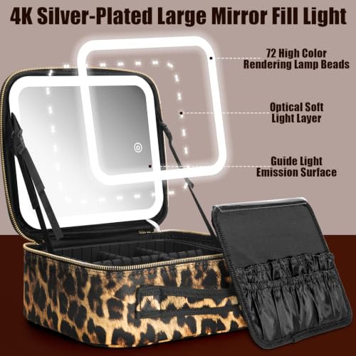 Makeup Travel Train Case with Mirror LED Light 3 Adjustable Brightness Cosmetic Bag Portable Storage Adjustable Partition Waterproof Makeup Brushes Makeup Jewelry Gift for Women