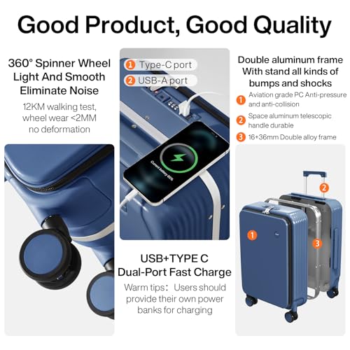 Carry On Luggage with Cup Phone Holder and Charger Hard Shell Suitcases with Spinner Wheels