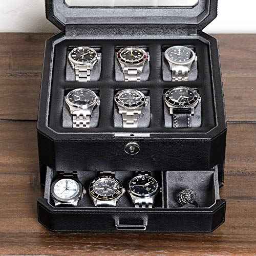6 Slot Leather Watch Box with Valet Drawer