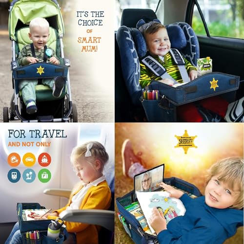 2-in-1 Kids Toddler Travel Tray & Back Seat Organizer — Foldable Waterproof Car Tray with Tablet Holder, Cup Holder, Storage Pockets for Road Trips & Airplane (Premium Blue)