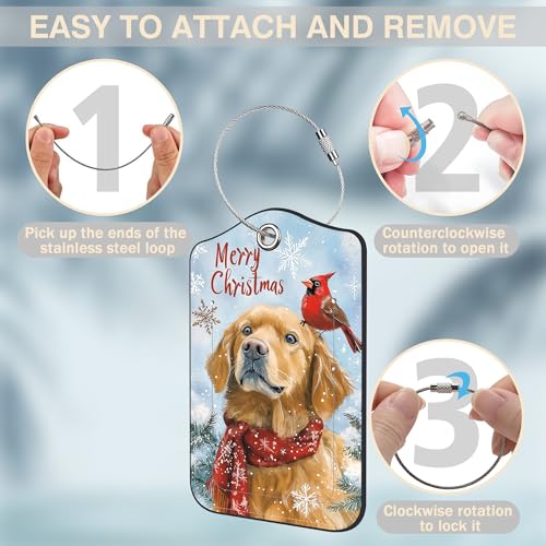 Christmas Dog and Red Cardinal Bird Set of 2 Luggage Tags for Suitcases Leather Suitcase Tags Identifiers with Privacy Name Label and Stainless Steel Loop for Women Men Travel Luggage Accessories (2 Count)