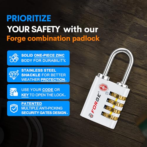 Dual-Opening: Key or Combination Access Lock, TSA Approved Locks for Luggage, Pelican case, Travel, Gym, School, Stainless Steel Shackle. (White, 2 Pk) (2 Count)
