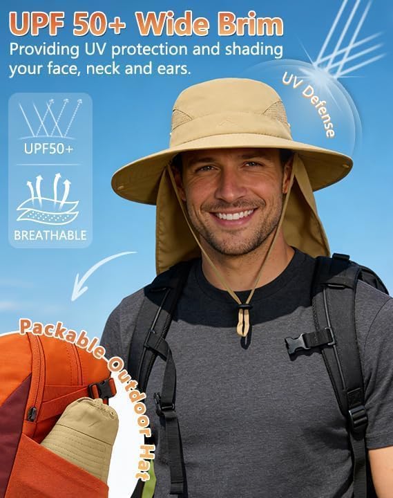 UPF 50+ Wide Brim Sun Hat with Neck Flap