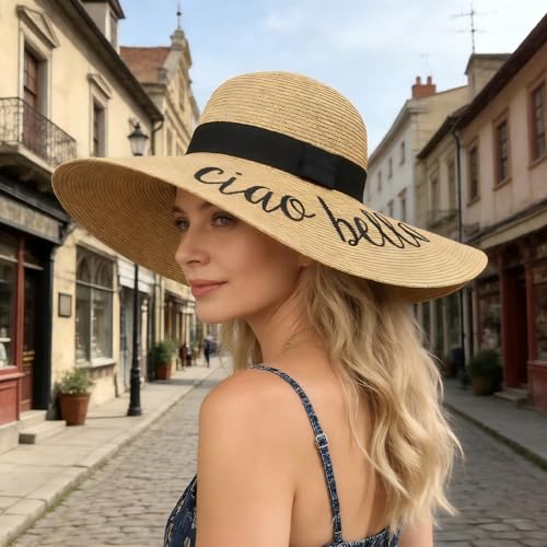 Big Straw Sun Hats for Women Floppy Foldable Roll up Beach Cap Sun Hat UPF 50+ Vacation Honeymoon Embroidered Hat
