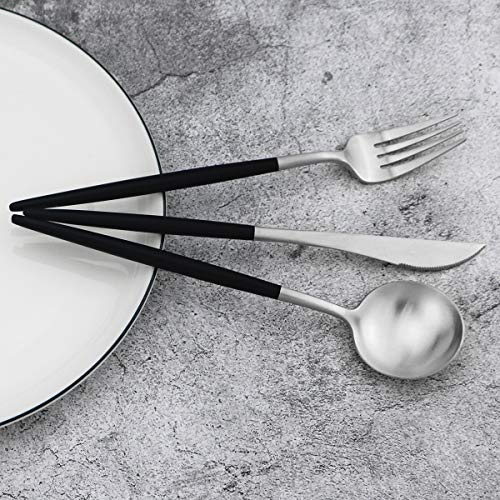 20-Piece 18/10 Stainless Steel Flatware Silverware, Luxury Dinnerware Set Travel Cutlery Tableware Include Knife Fork Spoon Service for 4, Dishwasher Safe (Black Handle Matte Silver) (4 Count)