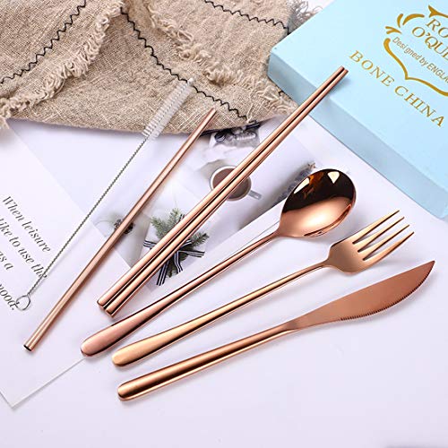 6 Pieces 18 8 Stainless Steel Flatware Set Portable Reusable Cutlery Set Travel Utensils Set Including Chopsticks Knife Fork Spoon Straws Cleaning Brush Dishwasher Safe