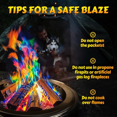 6 Pack) Magic Campfire Fire Color Changing Packets for Fire Pit, Indoor/Outdoor Fireplace, Bonfire - Rainbow Magical Flame, Camping Accessory, Compatible with Wood