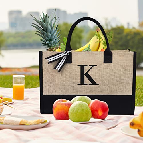 Initial Jute Canvas Tote Bag