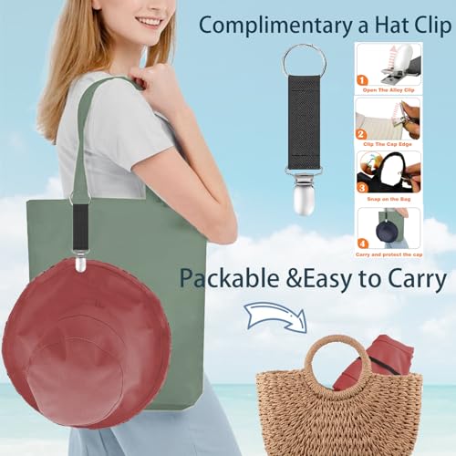 Womens Sun Hats Wide Brim Reversible Bucket Cotton Hat Packable Summer Travel Cap with Hat Clip