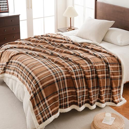 Sherpa Fleece Throw Blanket 80" x 90" Reversible Plush Fluffy Large Big Blanket Lattice Flannel Blankets for All Season Use