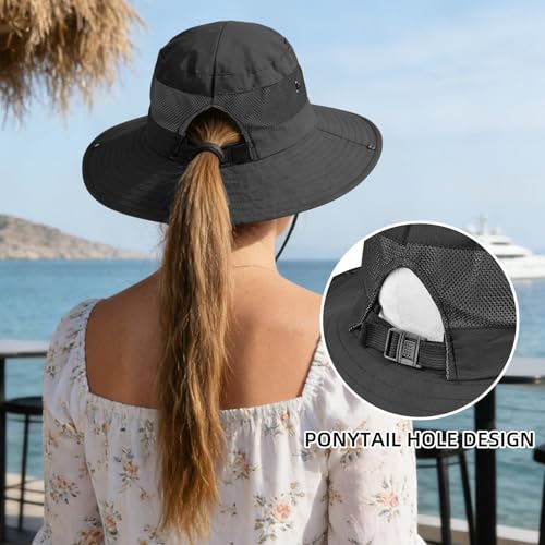 Ponytail Sun Bucket Hats for Women UV Protection Foldable Wide Brim