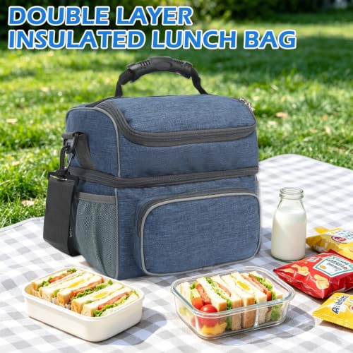 Double Layer Cooler Insulated Lunch Bag Adult Lunch Box Large Tote Bag for Men (Navy)