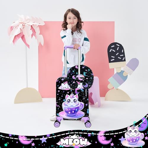 Cute Black Cat Kid's Luggage Set 2 Piece Suitcase Set 16" Hardside Luggage with Spinner Wheels Girls Carry on Toddler Travel Rolling Luggage Airline Approved (2 Count)