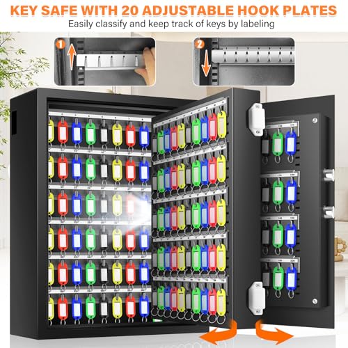 200 Keys Heavy Duty Fireproof Key Lock Box Wall Mount with Code&Hook Plates