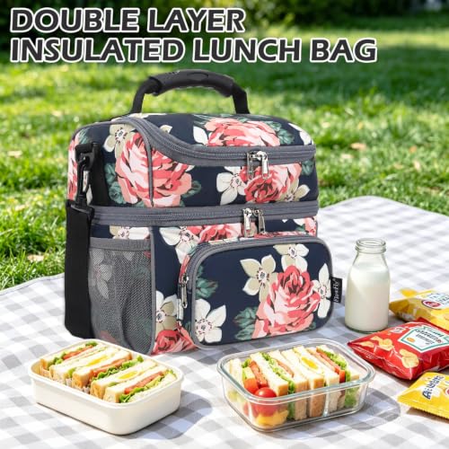 Double Layer Cooler Insulated Lunch Bag Adult Lunch Box Large Tote Bag for Men (Peony)