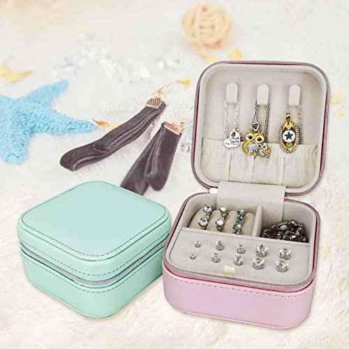 2 Pack】 PU Leather Travel Small Portable Mini Travel Jewelry Organizer for Rings Necklaces Earrings and Lipstick Green and Pink (2 Count)