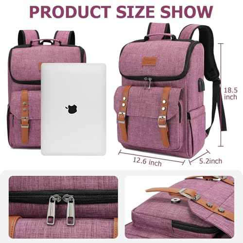 Vintage Backpack Travel Laptop Backpack with usb Charging Port for Women & Men College Backpack Fits 15.6 Inch Laptop Purple Brown