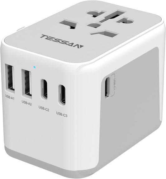TESSAN Universal Travel Adapter, International Power Adapter 5.6A 28W 3 USB C 2 USB A Ports, Travel Worldwide Plug Adaptor, Outlet Wall Charger for Europe UK EU AUS (Type C/G/A/I) - Roamly