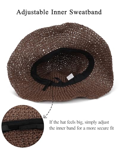 Womens Crochet Straw Sun Hat Foldable Floppy Wide Brim Beach Hat for Summer