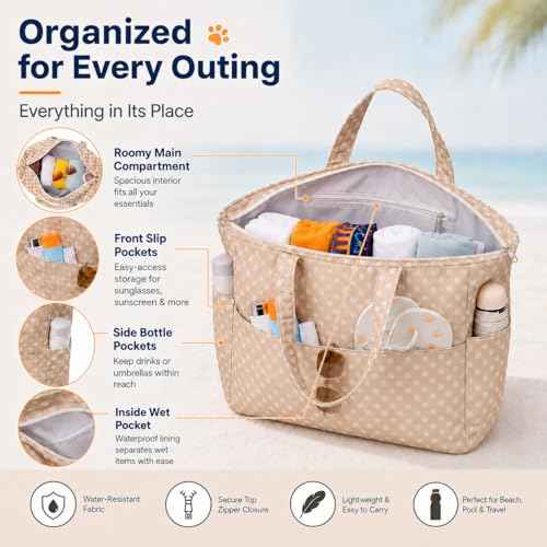 Waterproof Beach Tote Bag for Women Girls with Zipper Foldable Sandproof Pool Swim Bag Travel Carry On Gym