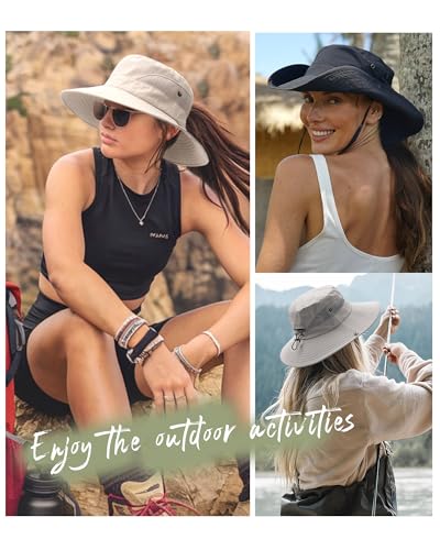 Womens Sun Hat with Ponytail Hole Beach Hiking Summer Wide Brim UPF 50+ Outdoor Protection Foldable Bucket Hat Khaki