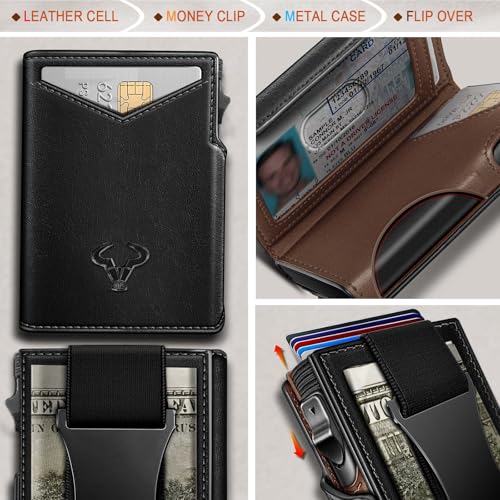 Men Slim Leather Wallet Metal Case Money Clip