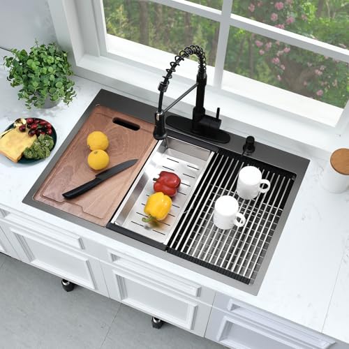 33x22 Black Drop In Kitchen Sink Workstation Stainless Steel Sink