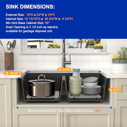 33 inch Quartz Matte Black Granite Composite Double Bowl Undermount Kitchen Sink Basin Deep 50