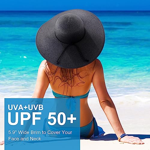 Womens Sun Straw Hat Wide Brim Summer Hat Big Floppy Foldable Beach Sun Hats UPF 50+