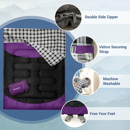 Double Sleeping Bag for Adults Machine Washable 2 Person Camping Sleeping Bag Queen Size Waterproof with Compression Sack for Cold Weather 3