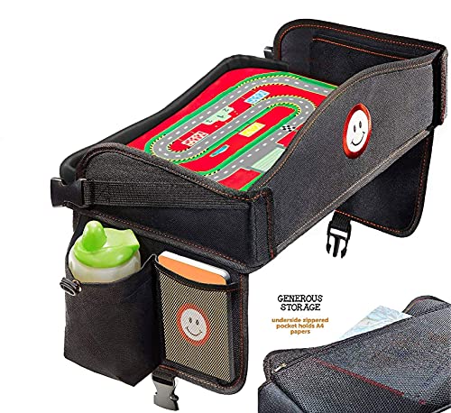 2-in-1 Kids Toddler Travel Tray & Back Seat Organizer — Foldable Waterproof Car Tray with Tablet Holder, Cup Holder, Storage Pockets for Road Trips & Airplane (Premium Black)