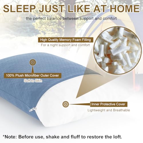 Memory Foam Travel Pillow Compressible Camping Pillow for Sleeping Shredded Memory Foam Pillow Compact Firm Supportive Travel Pillow for Adults Kids Outdoor Hiking Essential Gear Blue