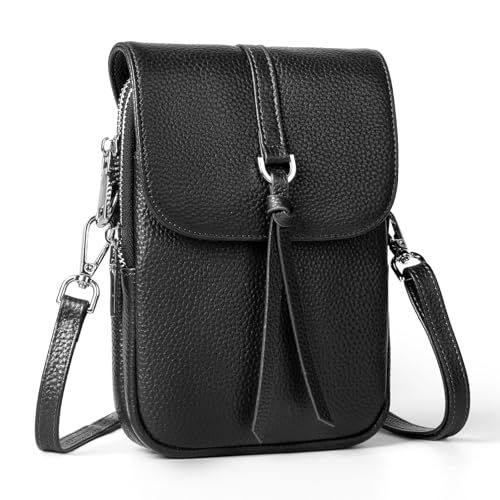 Black Genuine Leather Small Crossbody Bags for Women Cell Phone Purse