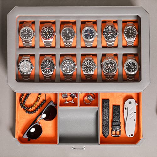 12 Slot Leather Watch Box with Valet Drawer