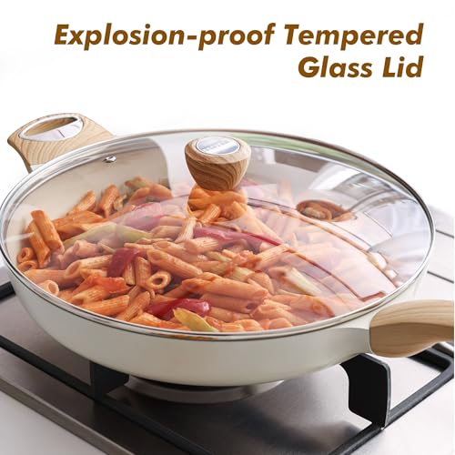 12.5inch Ceramic Nonstick Frying Pan Paella Pan with Lid