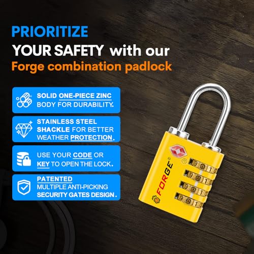 Dual-Opening: Key or Combination Access Lock, TSA Approved Locks for Luggage, Pelican case, Travel, Gym, School, Stainless Steel Shackle.(Yellow, 4 Pk)