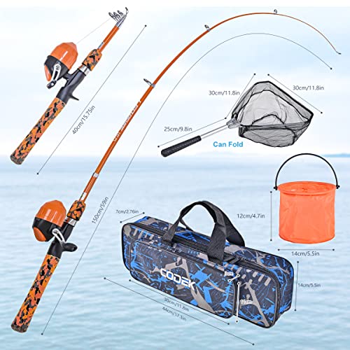 Kids Fishing Pole Set with Full Starter Kits 2 Set Portable Telescopic Fishing Rod and Spincast Reel Cambos with a Fishing Net and 2 Buckets for Boys Girls and Youth