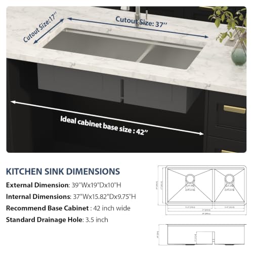 39 Double Bowl Undermount Kitchen Sink Large Workstation Sinks