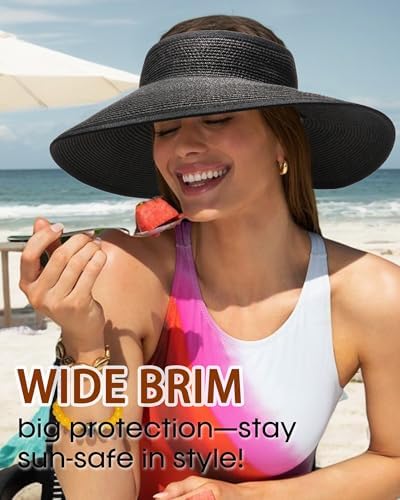 Womens Sun Visor Hats Wide Brim Straw Beach Hat UV Protection Ponytail Packable Beach Vacation Essentials Black