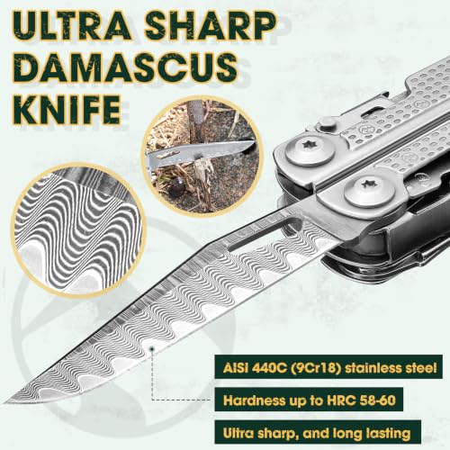 Multitool Pliers with Damascus Knife & Large Scissors