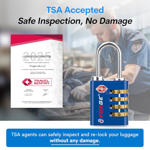 Dual-Opening: Key or Combination Access Lock, TSA Approved Locks for Luggage, Pelican case, Travel, Gym, School, Stainless Steel Shackle. (Blue 2 Pk)