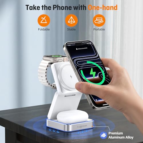 25W 3-in-1 Charging Station for Apple Device, White Foldable Magnetic Wireless Charger, Fast Travel Charging Stand for iPhone17/16/15/14/13/12 Series, Apple Watch/AirPods