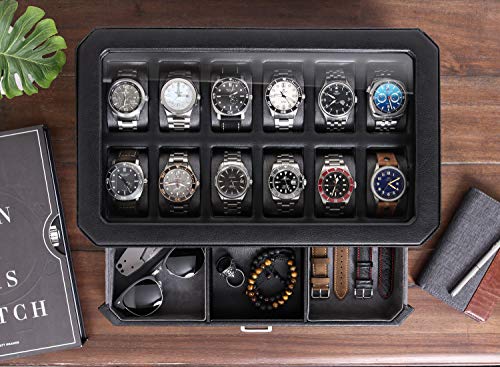 12 Slot Leather Watch Box with Valet Drawer