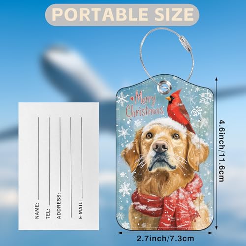 Christmas Dog and Red Cardinal Bird Set of 2 Luggage Tags for Suitcases Leather Suitcase Tags Identifiers with Privacy Name Label and Stainless Steel Loop for Women Men Travel Luggage Accessories (2 Count)
