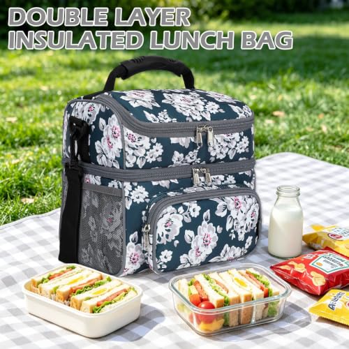 Double Layer Cooler Insulated Lunch Bag Adult Lunch Box Large Tote Bag for Men (Plum)