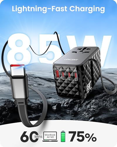 85W Universal Travel Power Adapter with Retractable USB C Cable