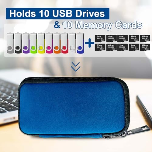 USB Flash Drive Case with 10 USB Drive Slots and 10 Memory Card Slots Storage Organizer Case Holder for Thumb Drives Jump Drives SD Cards with Zipper Bag Blue