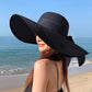 Women Wide Brim Bow Straw Hat Floppy Foldable Beach Sun Hat Roll up Cap UPF 50+