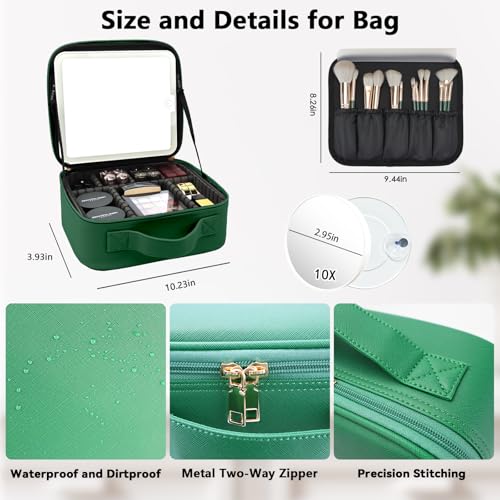 Travel Makeup Bag with LED Mirror and 10x magnifying glass with 3 Lighted Settings