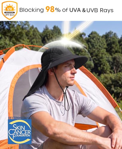 UPF 50+ Sun Hats for Men Women Wide Brim Fishing Hat with Neck Flap Summer Safari Beach Bucket UV Protection Cap for Hiking Gardening Black